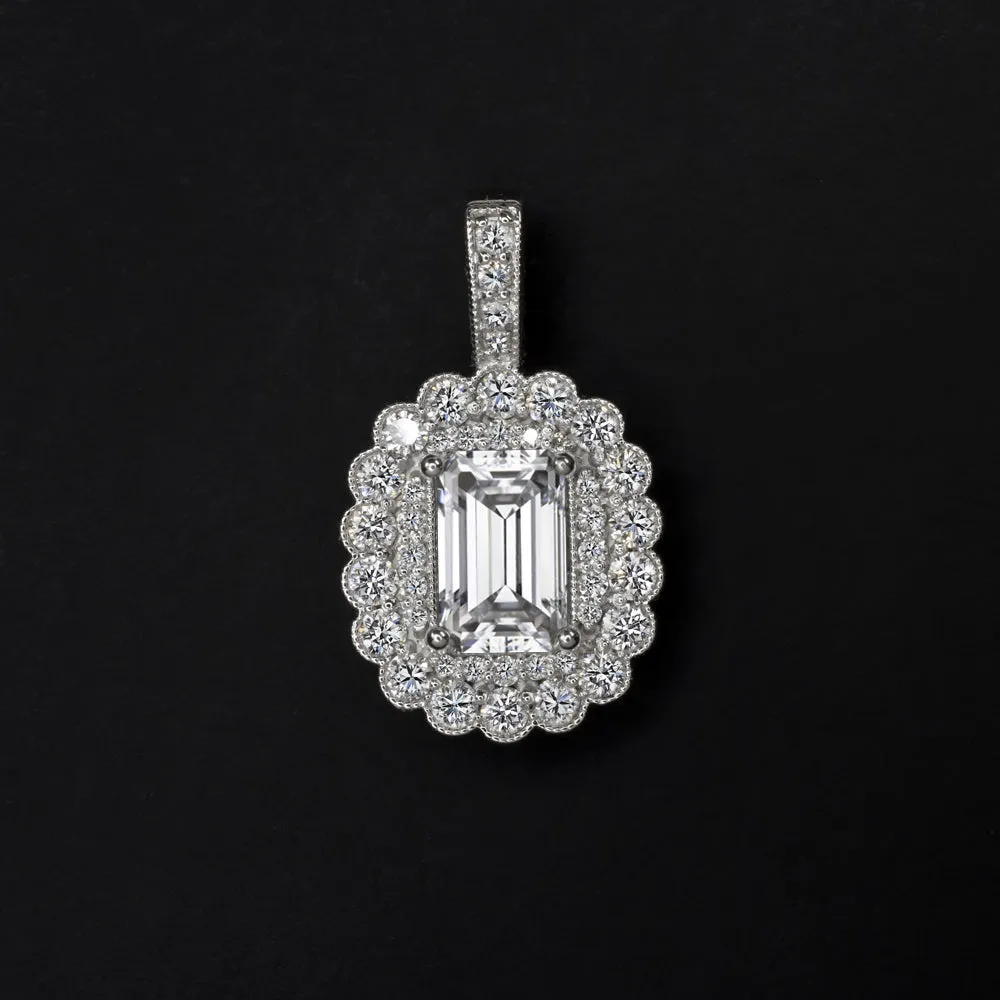 1.20ct NATURAL DIAMOND PENDANT EMERALD CUT SCALLOPED DOUBLE HALO NECKLACE 14k