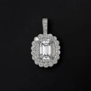 1.20ct NATURAL DIAMOND PENDANT EMERALD CUT SCALLOPED DOUBLE HALO NECKLACE 14k
