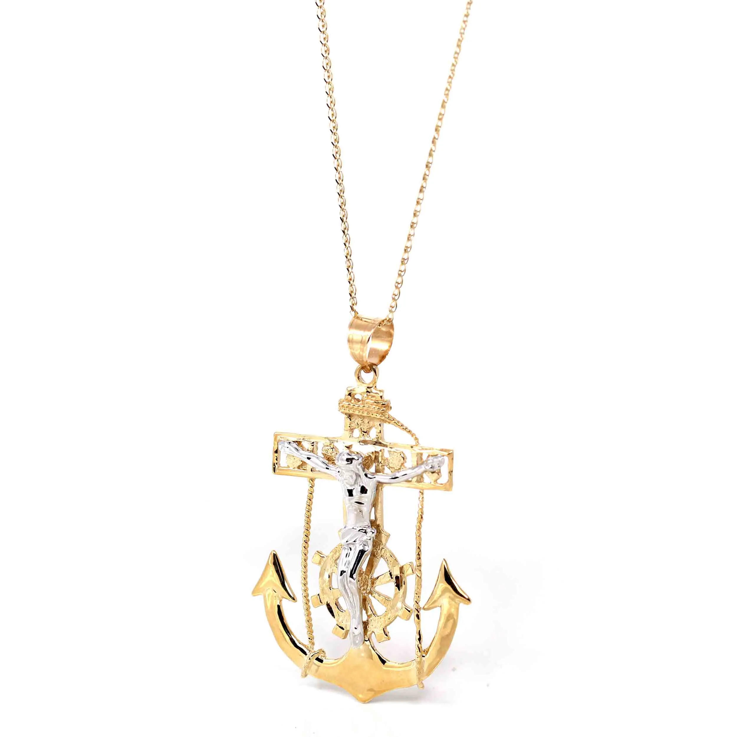 14K 2 Tone Gold Anchor Crucifix Pendant