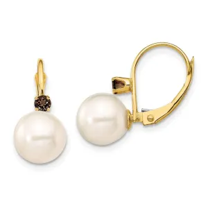 14K 8-8.5mm White Round FWC Pearl Smokey Quartz Leverback Earrings