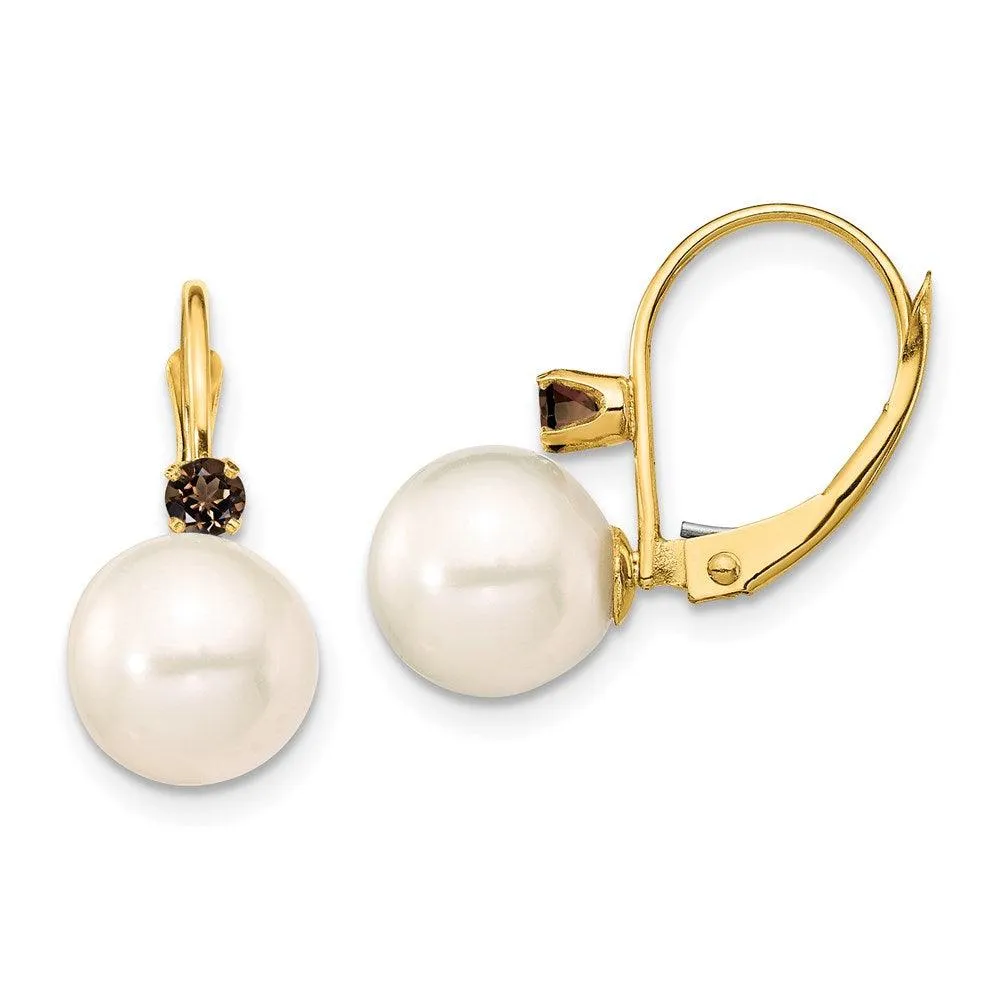 14K 8-8.5mm White Round FWC Pearl Smokey Quartz Leverback Earrings