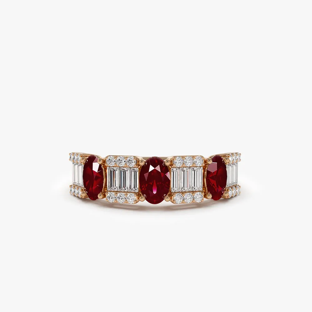 14K Baguette & Round Diamond with Genuine Ruby Ring