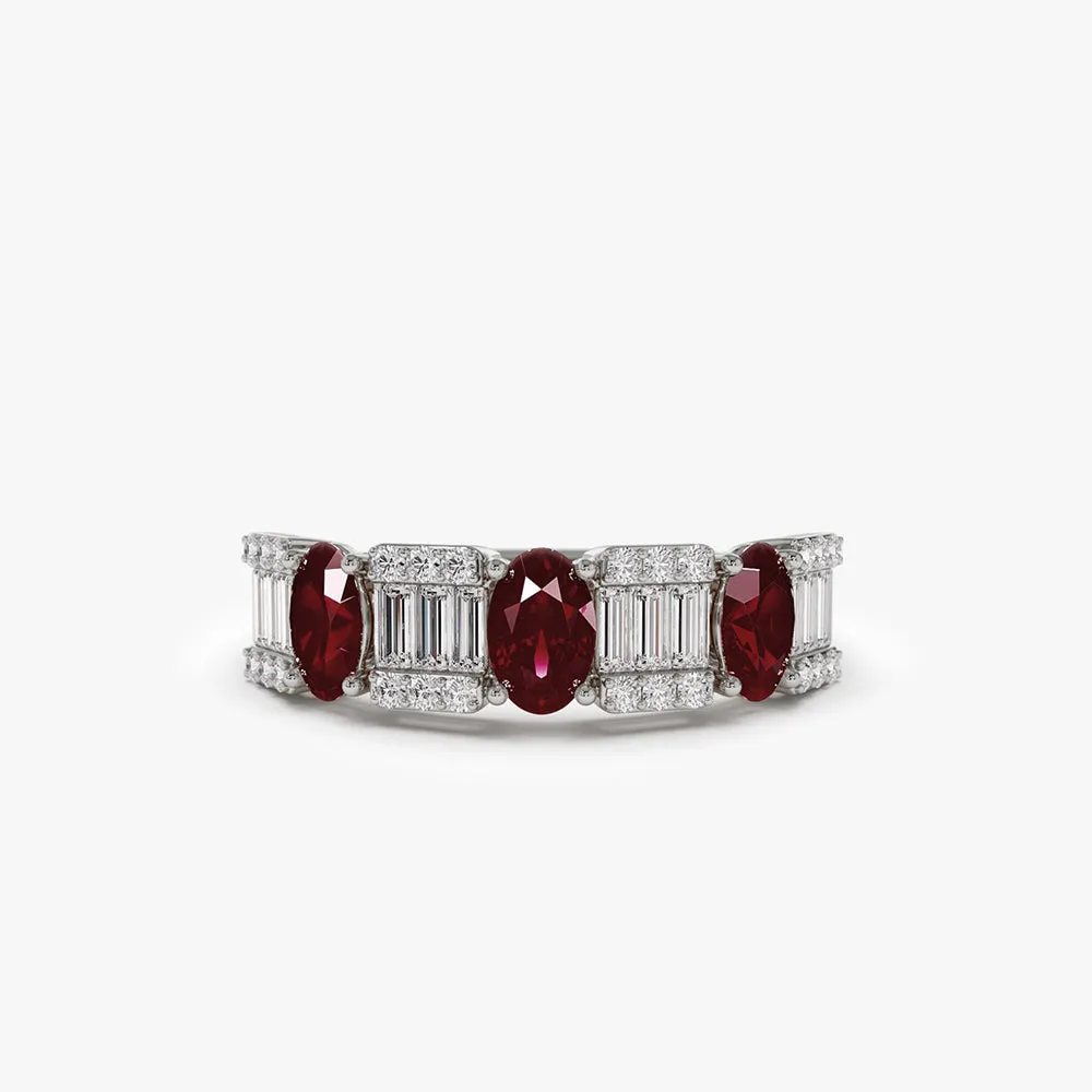14K Baguette & Round Diamond with Genuine Ruby Ring