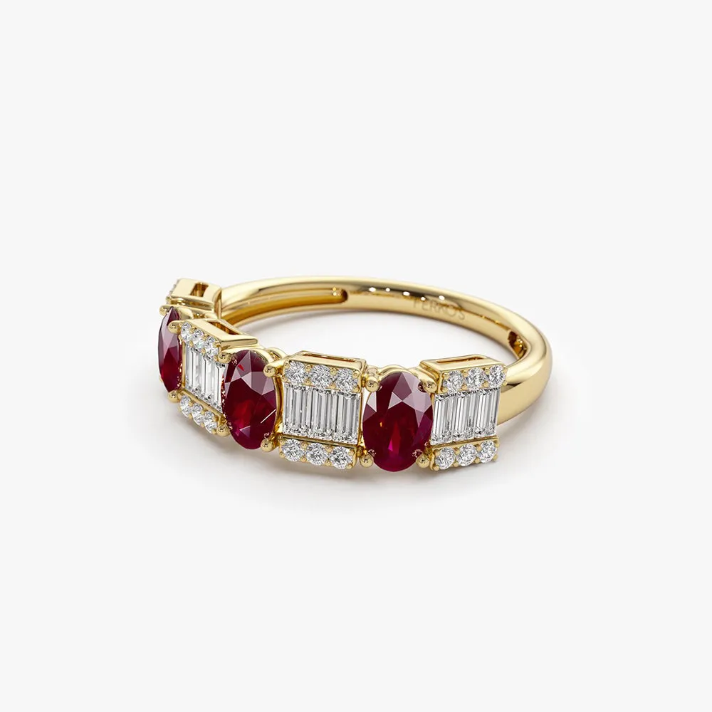 14K Baguette & Round Diamond with Genuine Ruby Ring