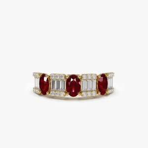 14K Baguette & Round Diamond with Genuine Ruby Ring