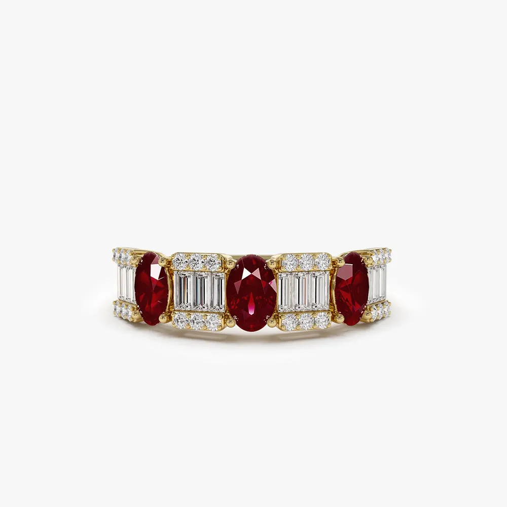 14K Baguette & Round Diamond with Genuine Ruby Ring