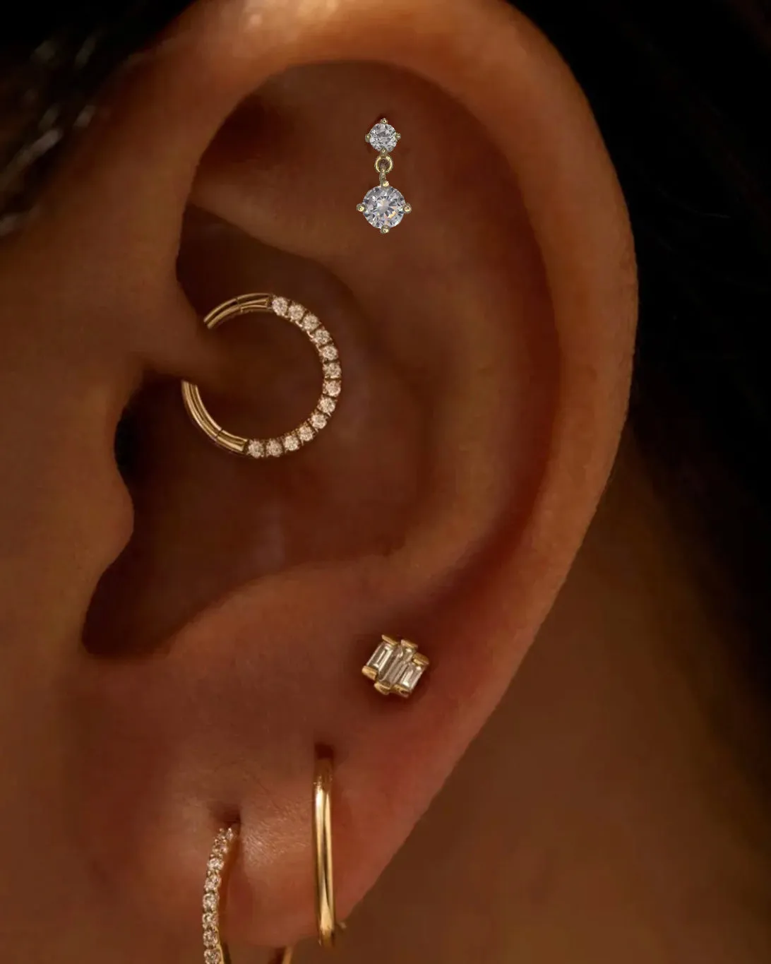 14k Double CZ dangle Ear Stud for Cartilage with flat back
