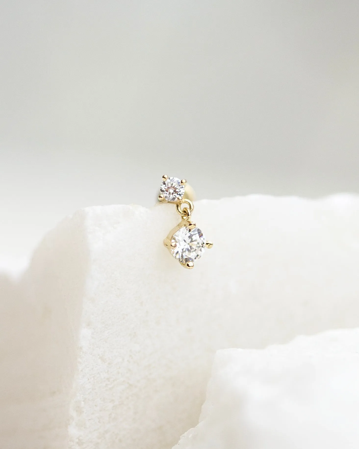 14k Double CZ dangle Ear Stud for Cartilage with flat back