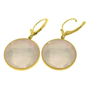 14K Solid Yellow Gold Leverback Checkerboard Cut Round Rose Quartz Earrings