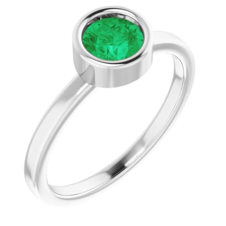 14K White 5.5 mm Natural Emerald Ring