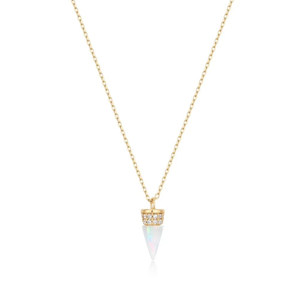 14K Yellow Gold Cone Shaped Opal & Lab Diamond Necklace by Aurelie Gi