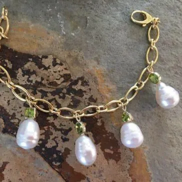 14KT Yellow Gold Peridot   Paspaley South Sea Pearl Charm Bracelet