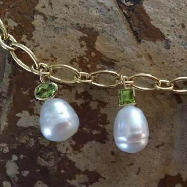 14KT Yellow Gold Peridot   Paspaley South Sea Pearl Charm Bracelet