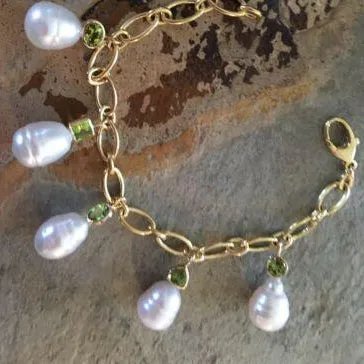 14KT Yellow Gold Peridot   Paspaley South Sea Pearl Charm Bracelet