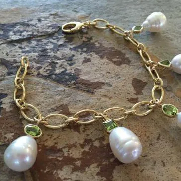 14KT Yellow Gold Peridot   Paspaley South Sea Pearl Charm Bracelet