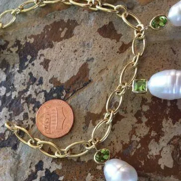 14KT Yellow Gold Peridot   Paspaley South Sea Pearl Charm Bracelet