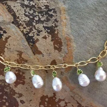 14KT Yellow Gold Peridot   Paspaley South Sea Pearl Charm Bracelet