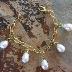 14KT Yellow Gold Peridot   Paspaley South Sea Pearl Charm Bracelet