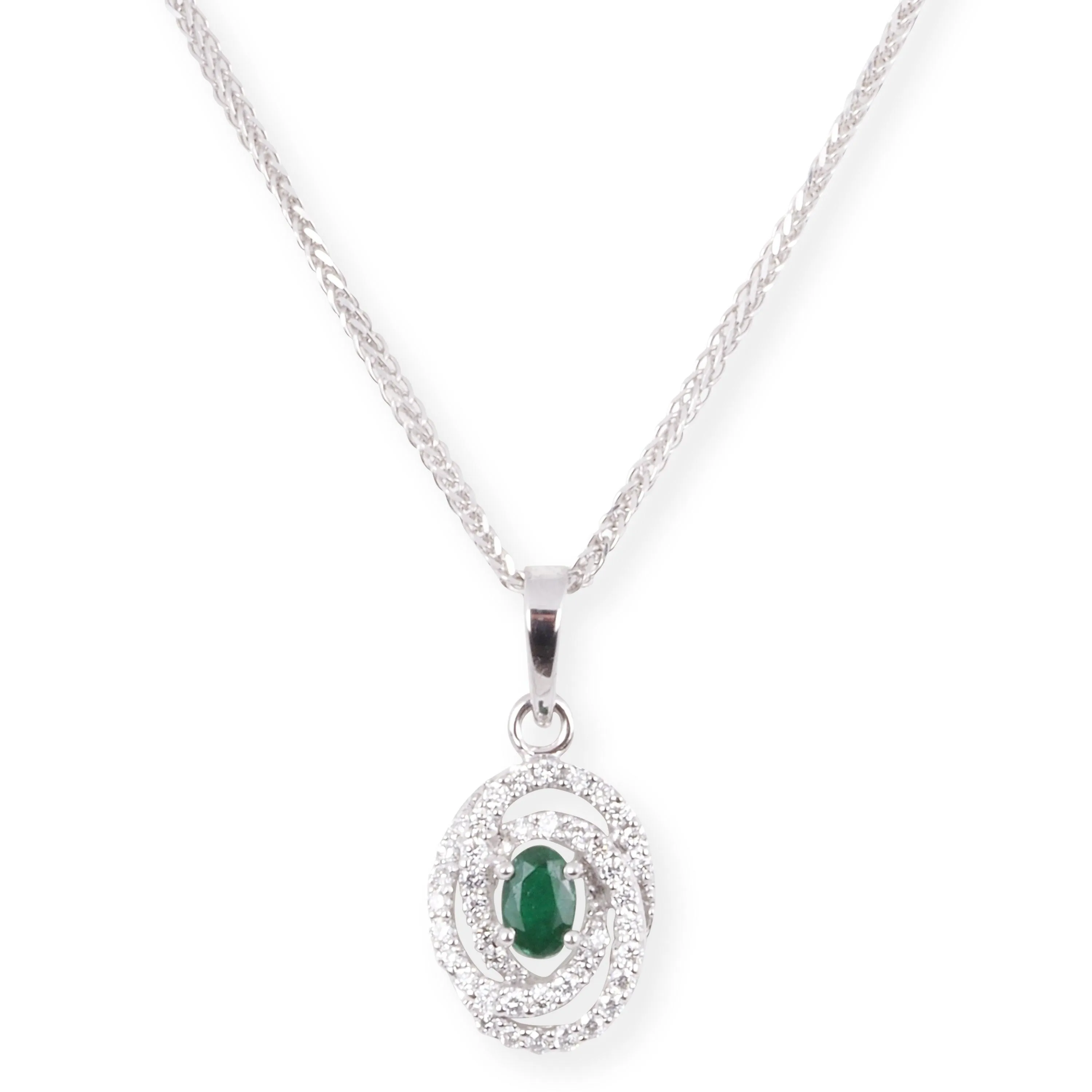 18ct White Gold Diamond and Emerald Set (Pendant   Chain   Earrings) MCS6863/4