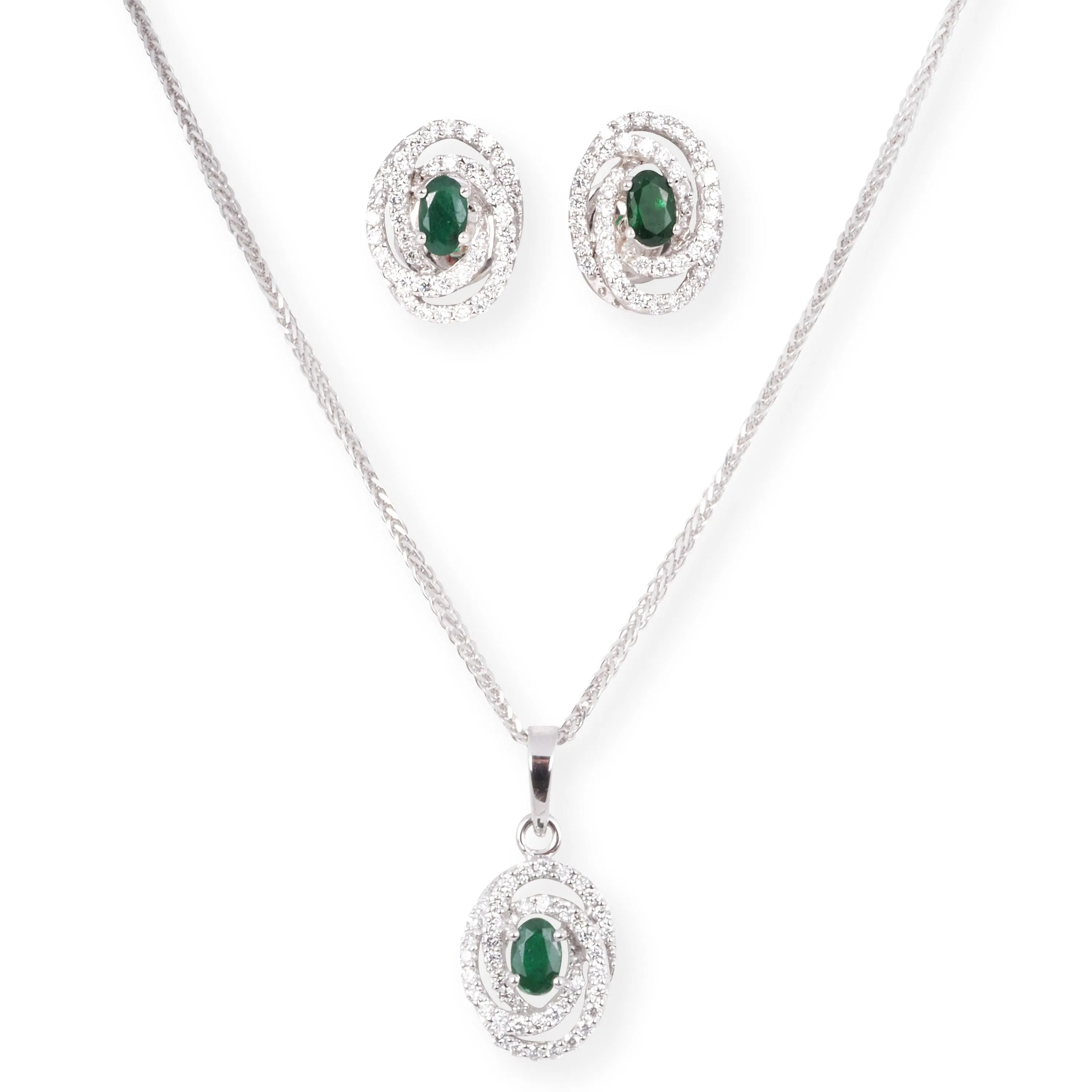 18ct White Gold Diamond and Emerald Set (Pendant   Chain   Earrings) MCS6863/4