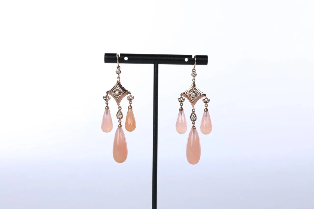18k Rose Gold Art Deco Chandelier Earrings with Pink Quartz & Diamonds