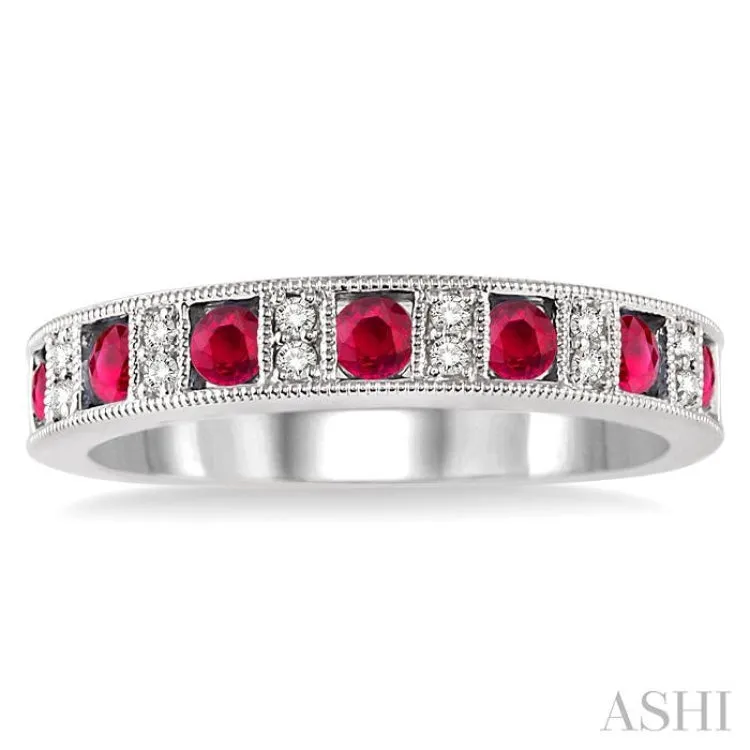 2.5 mm Round Cut Ruby and 1/10 Ctw Round Cut Diamond Precious Band in 14K White Gold