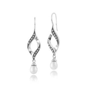 925er Sterlingsilber Markasit & Perle Fallen/ Lang Ohrringe