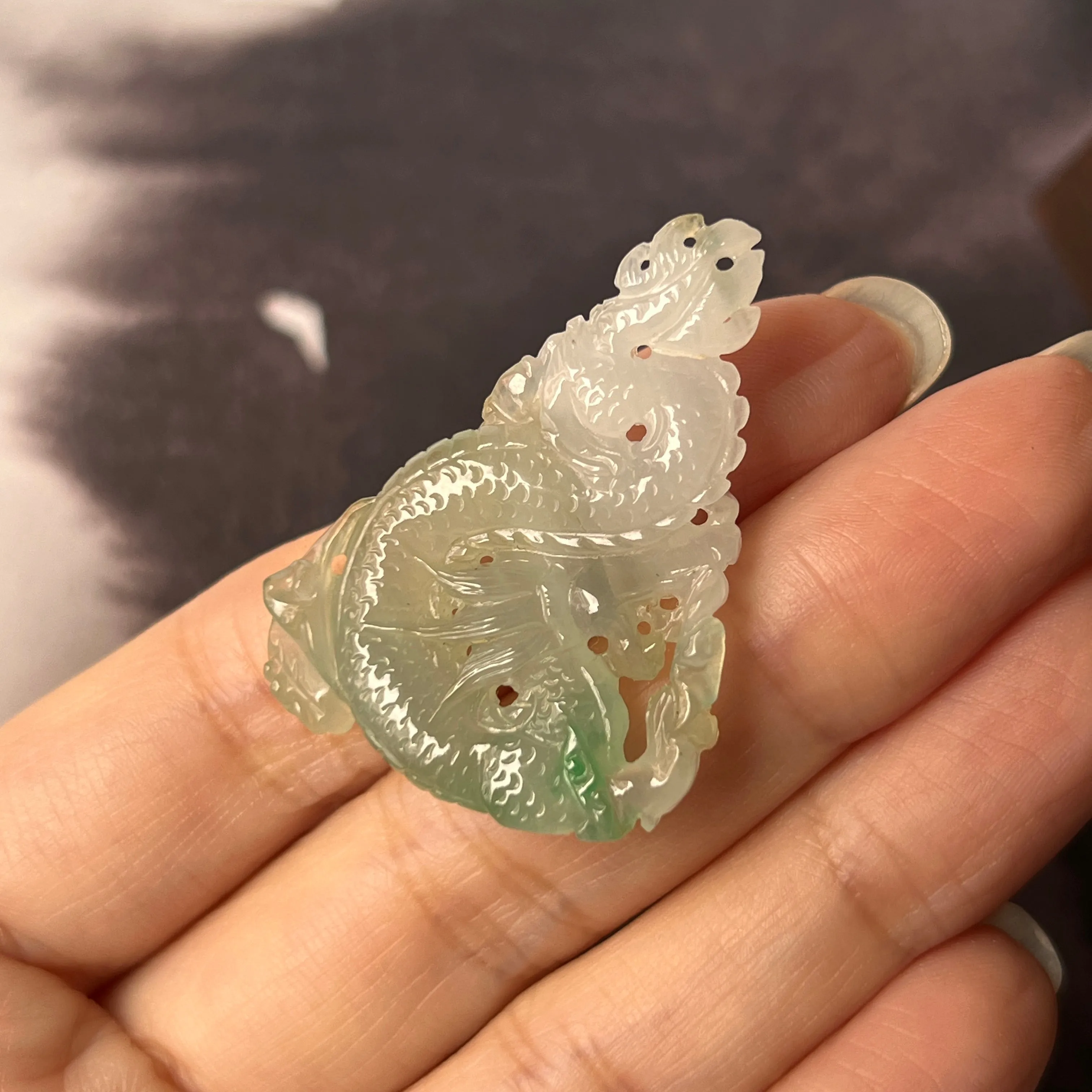 A-Grade Natural Green White Jadeite Dragon Pendant No.171093