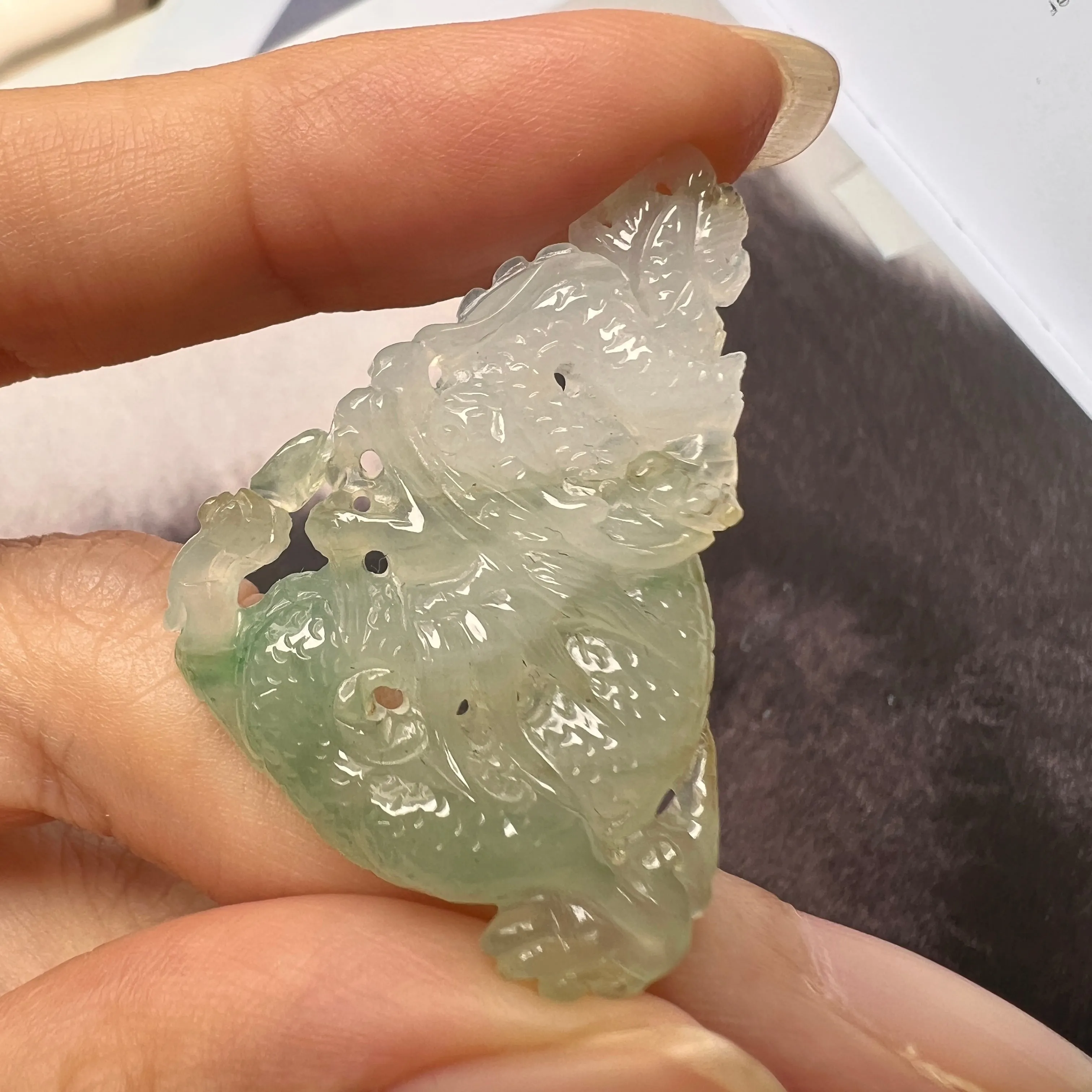 A-Grade Natural Green White Jadeite Dragon Pendant No.171093