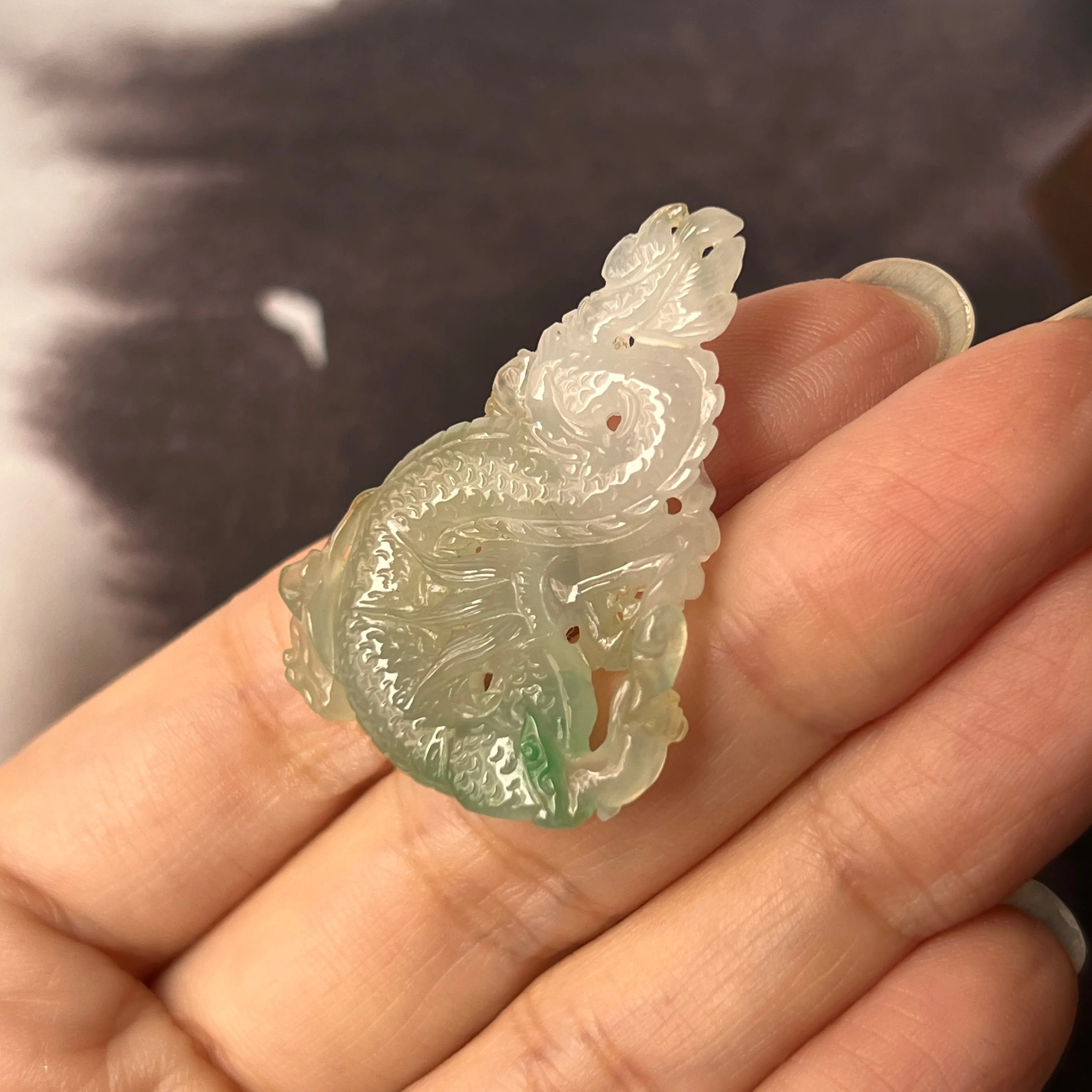 A-Grade Natural Green White Jadeite Dragon Pendant No.171093