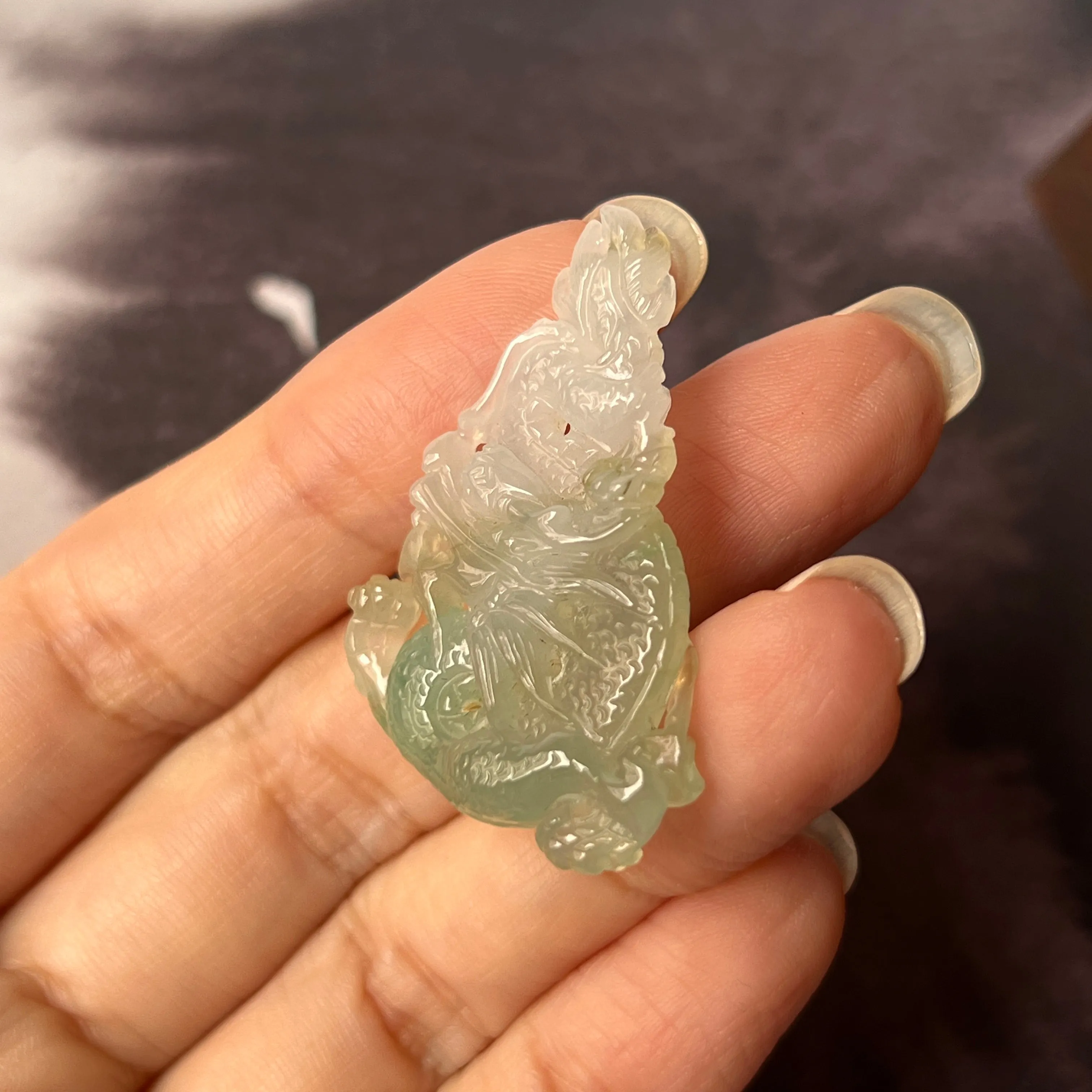 A-Grade Natural Green White Jadeite Dragon Pendant No.171093