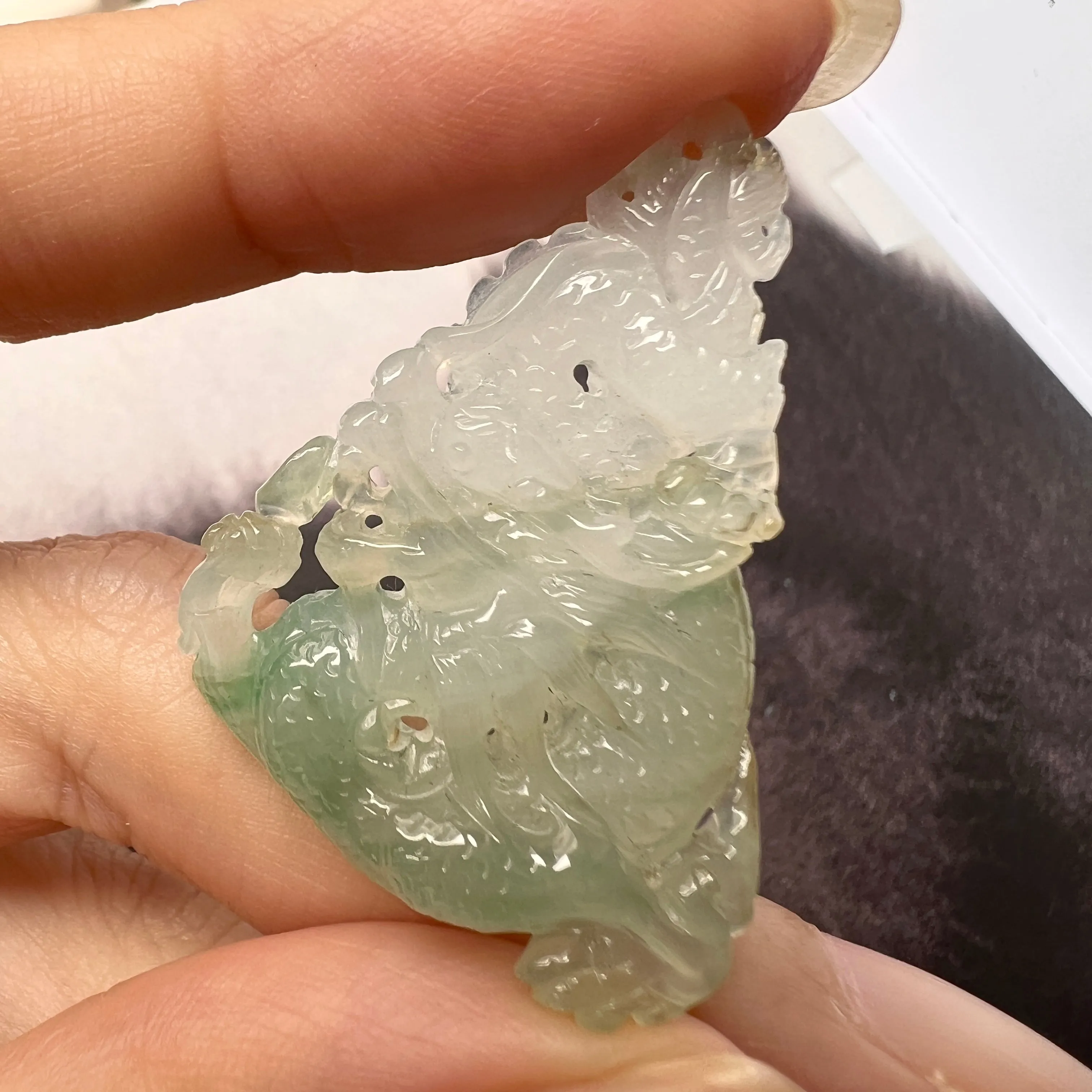 A-Grade Natural Green White Jadeite Dragon Pendant No.171093