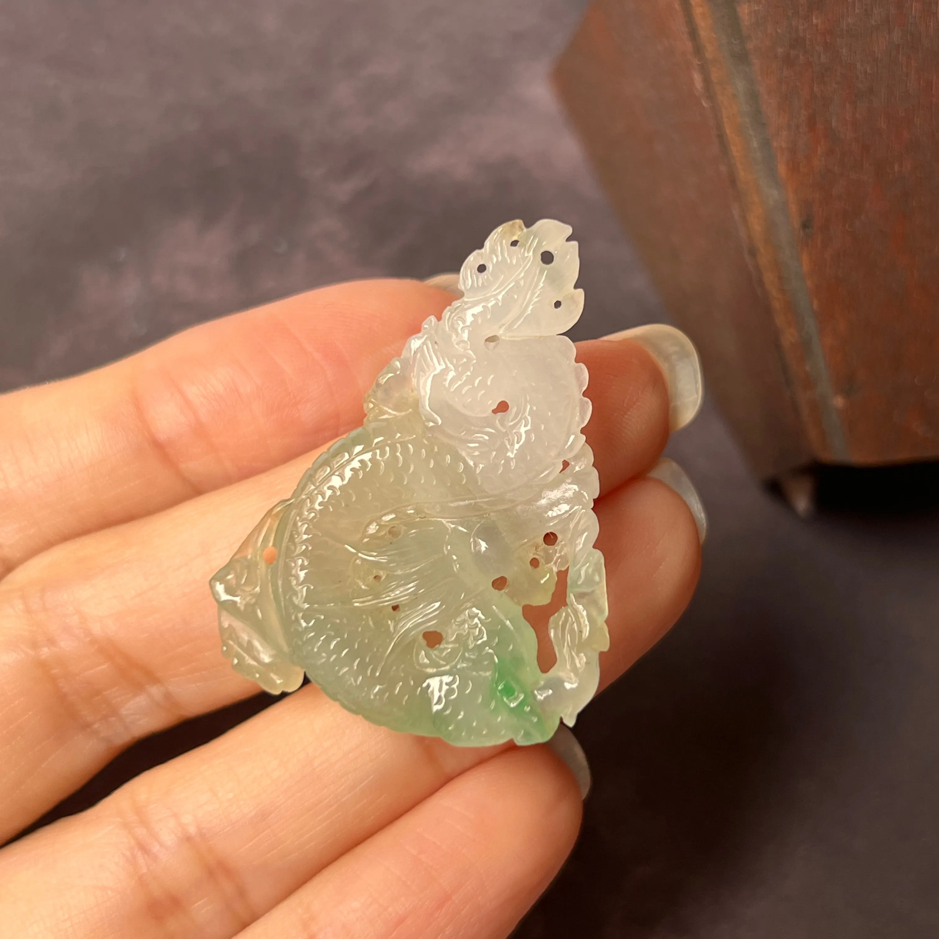 A-Grade Natural Green White Jadeite Dragon Pendant No.171093