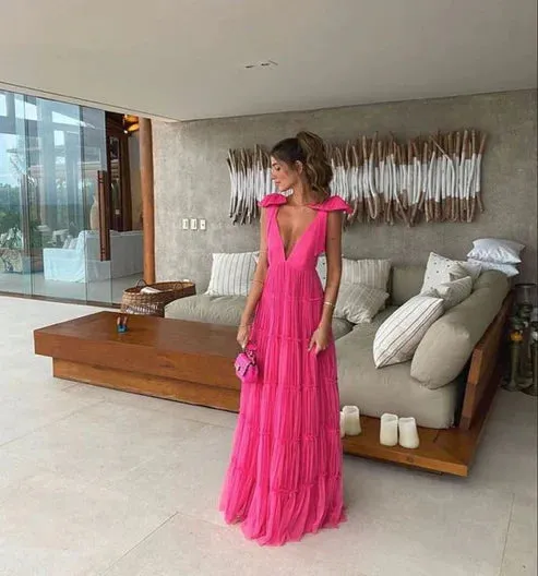 A-Line Backless Long Prom Dress V-Neck Formal Gown Charming Evening Dress