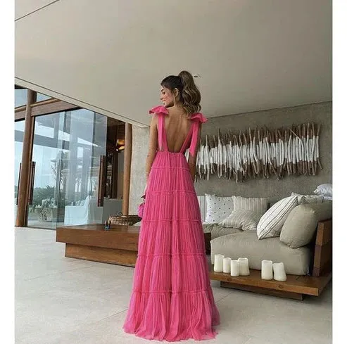 A-Line Backless Long Prom Dress V-Neck Formal Gown Charming Evening Dress