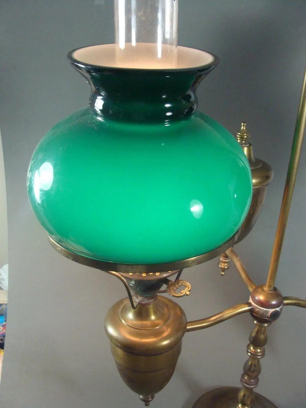 Antique Student / Desk Double Lamp Brass & Green Shades Electrified
