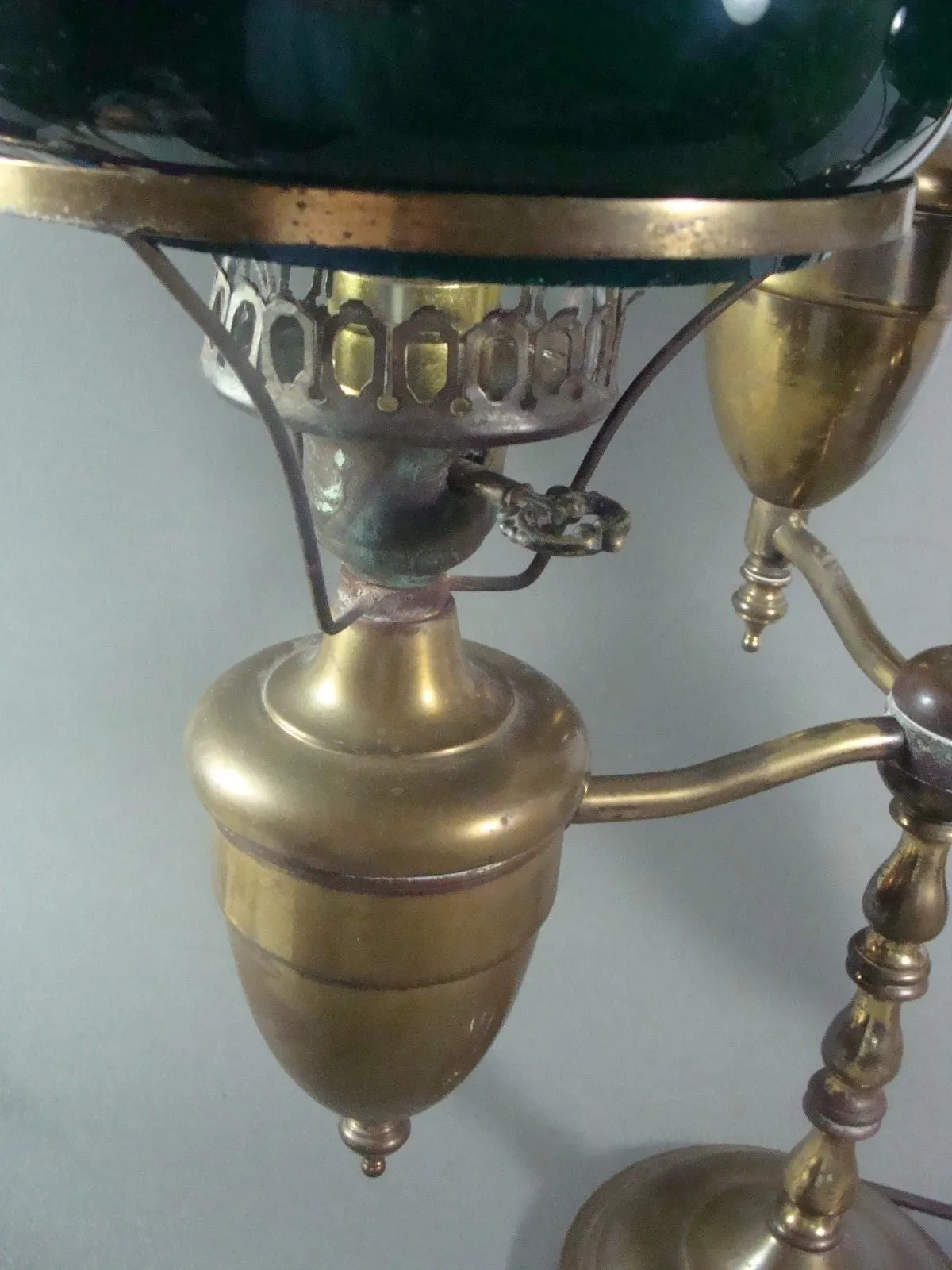Antique Student / Desk Double Lamp Brass & Green Shades Electrified