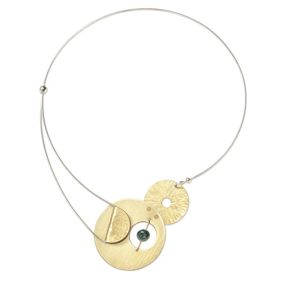 AXIS 2 Small Artistic Metal Statement Necklace with Front Closure from the SCULPTURAL Collection with Simulated Pearl or Jade option