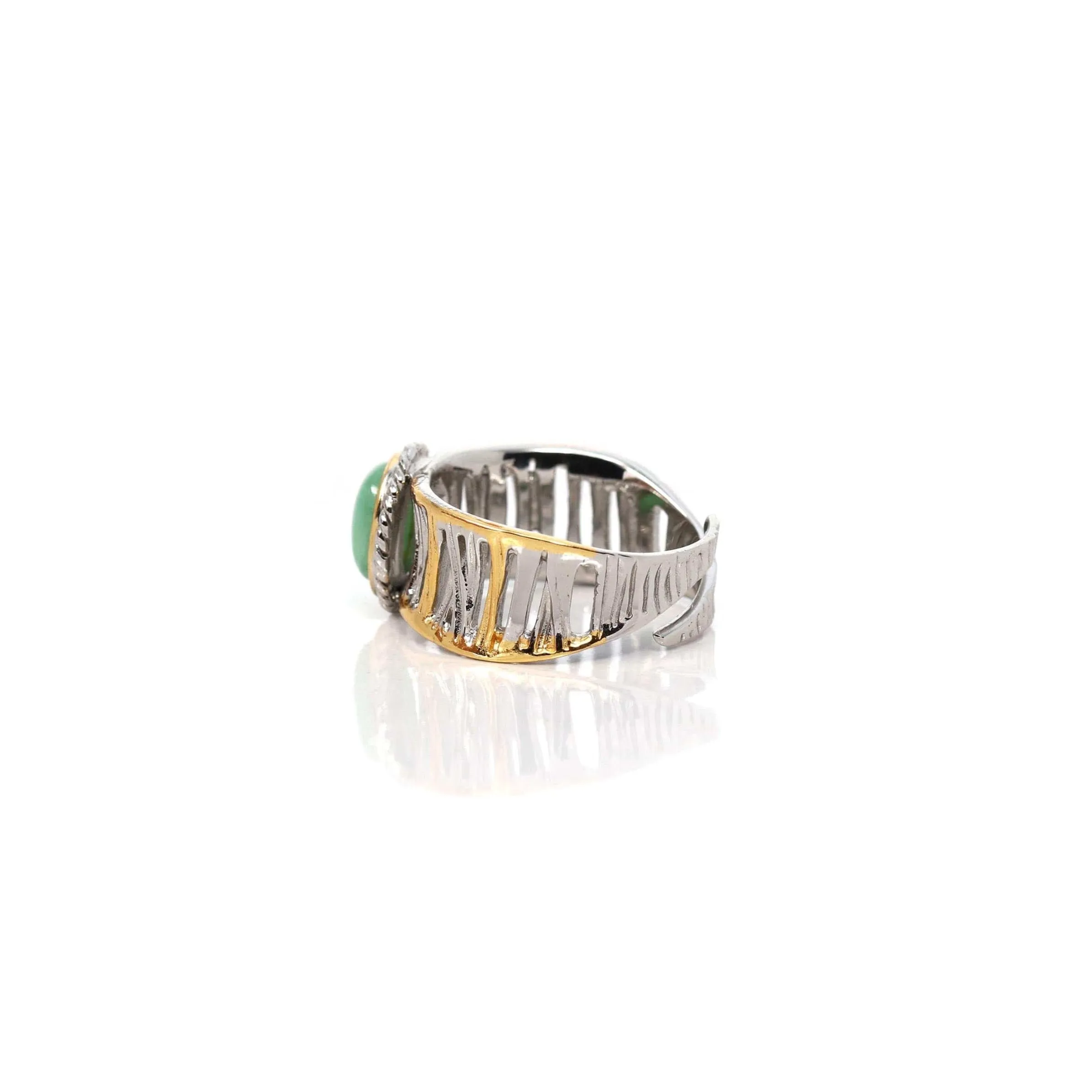 Baikalla Antique Natural Jadeite Jade Sterling Silver Gold Plated Two Tone Ring
