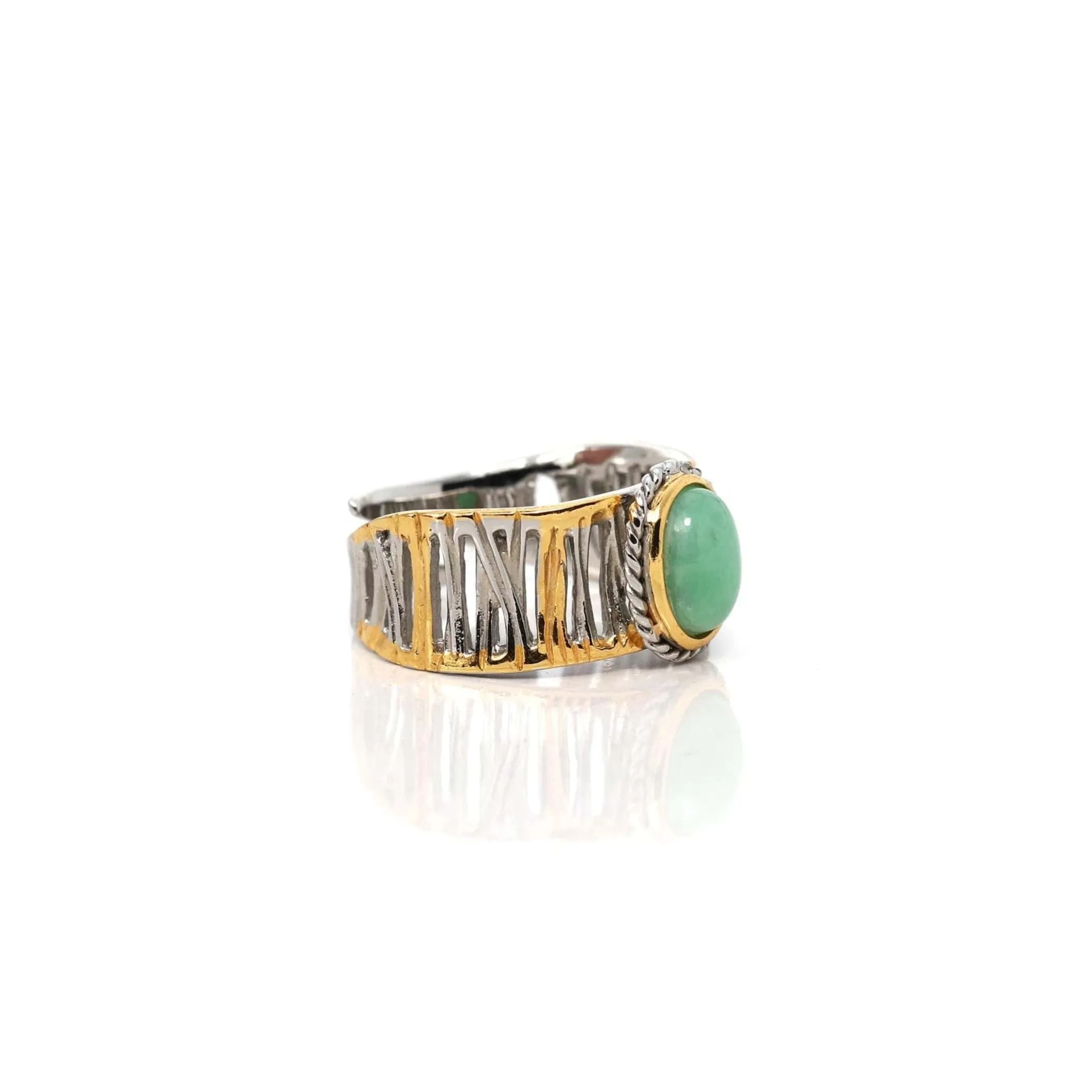 Baikalla Antique Natural Jadeite Jade Sterling Silver Gold Plated Two Tone Ring