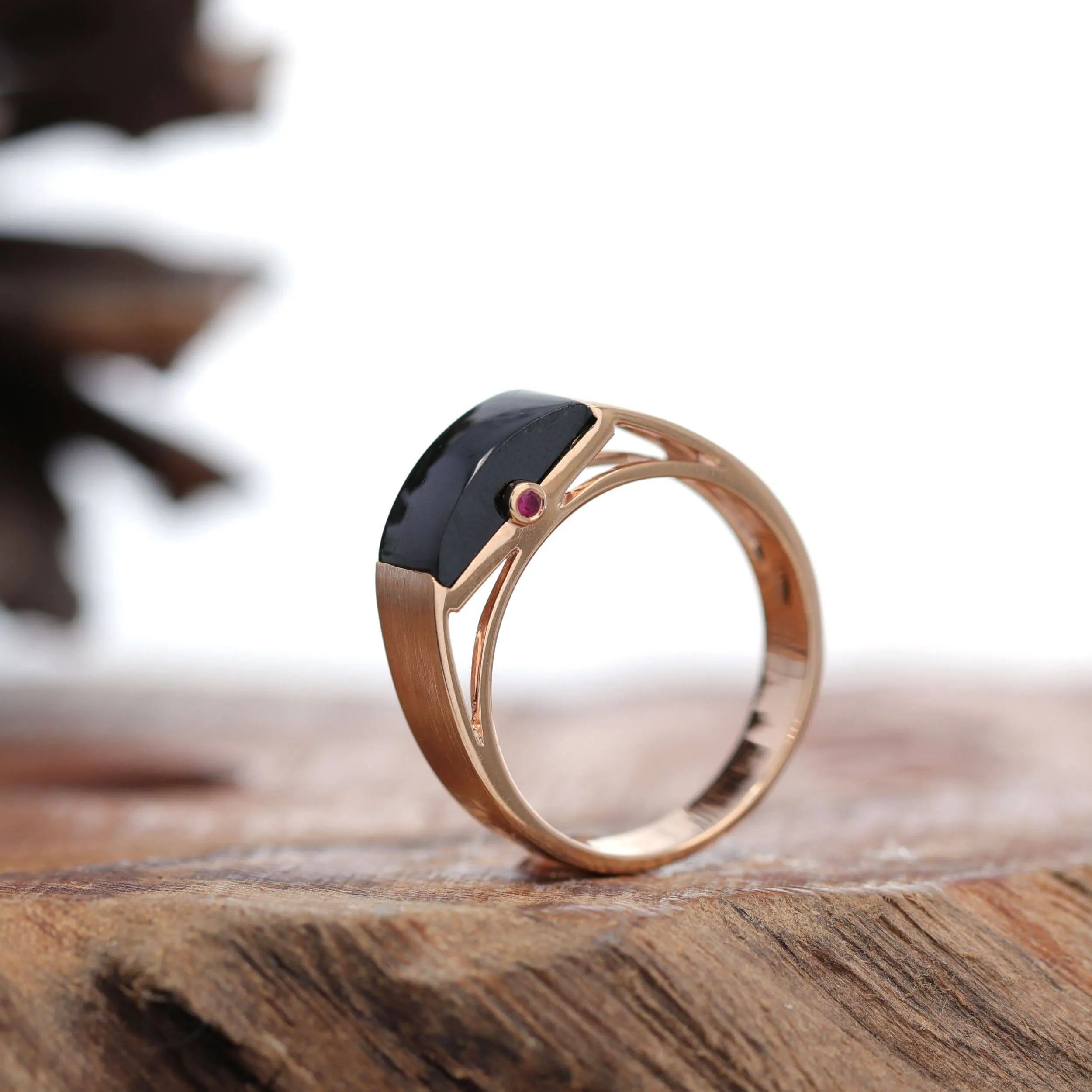Baikalla™ "Classic Half Round Cabochon" Genuine Burmese Emerald Cut Black Jadeite Jade Engagement Ring