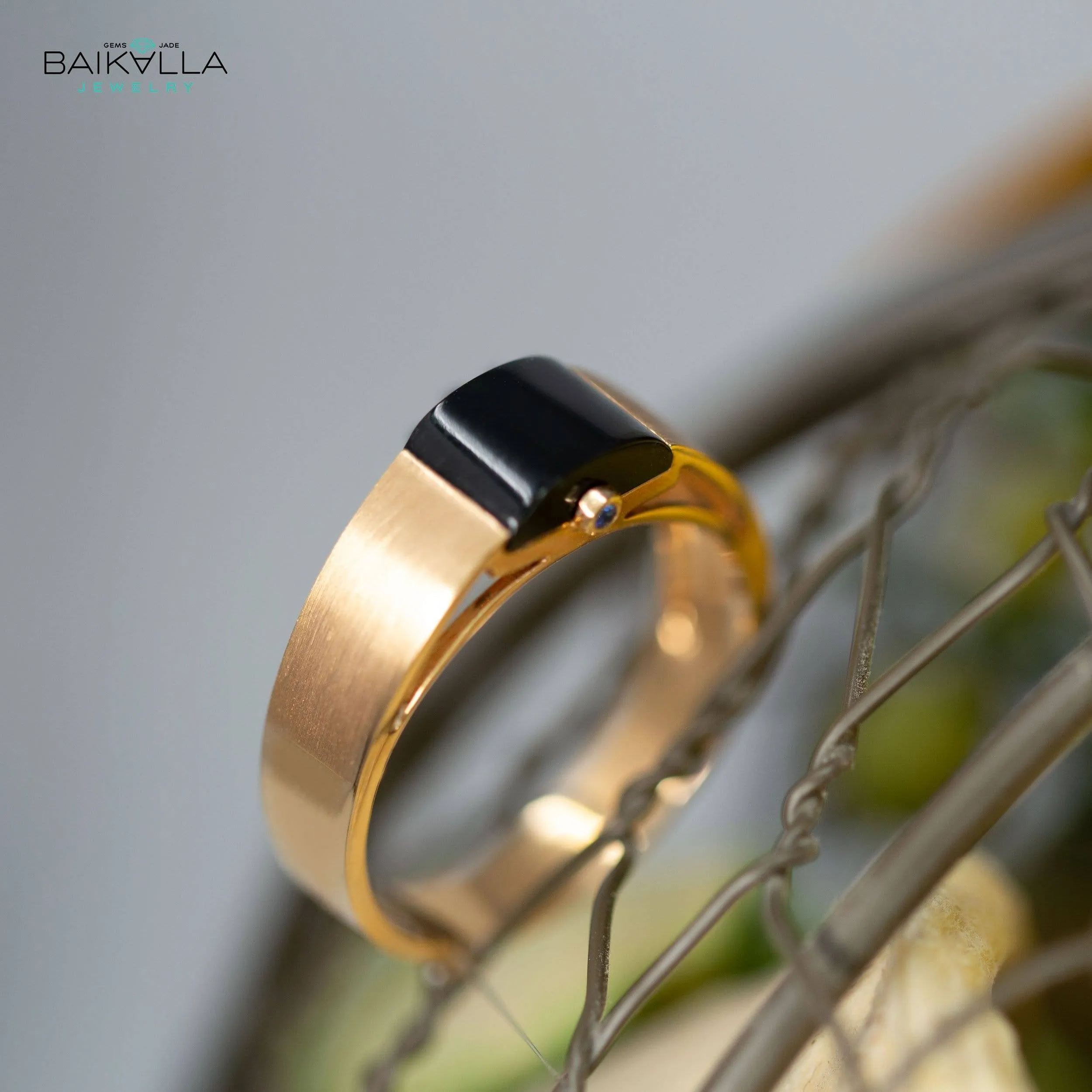 Baikalla™ "Classic Half Round Cabochon" Genuine Burmese Emerald Cut Black Jadeite Jade Engagement Ring