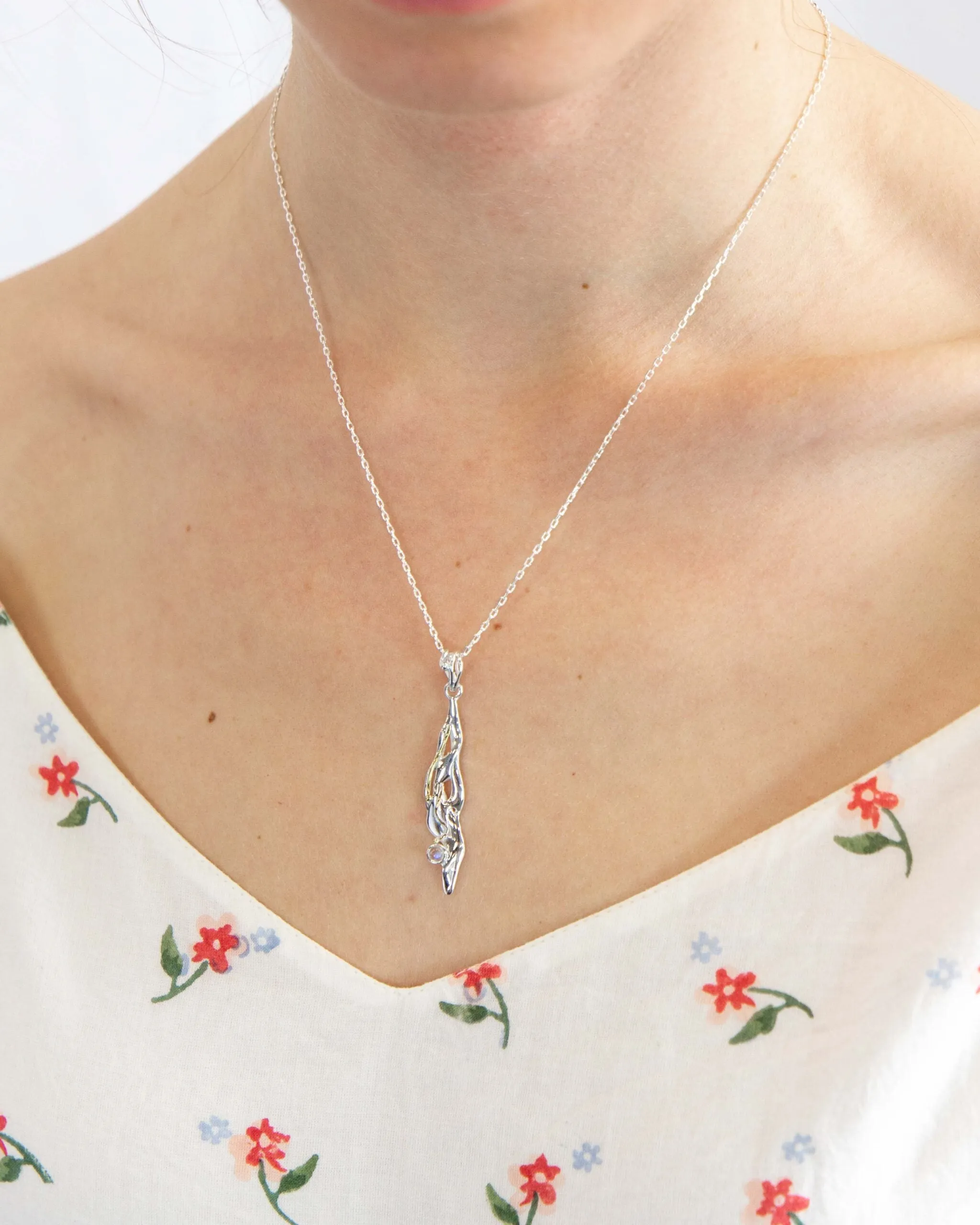 Banyan Rainbow Moonstone and Gold Wire Silver Necklace