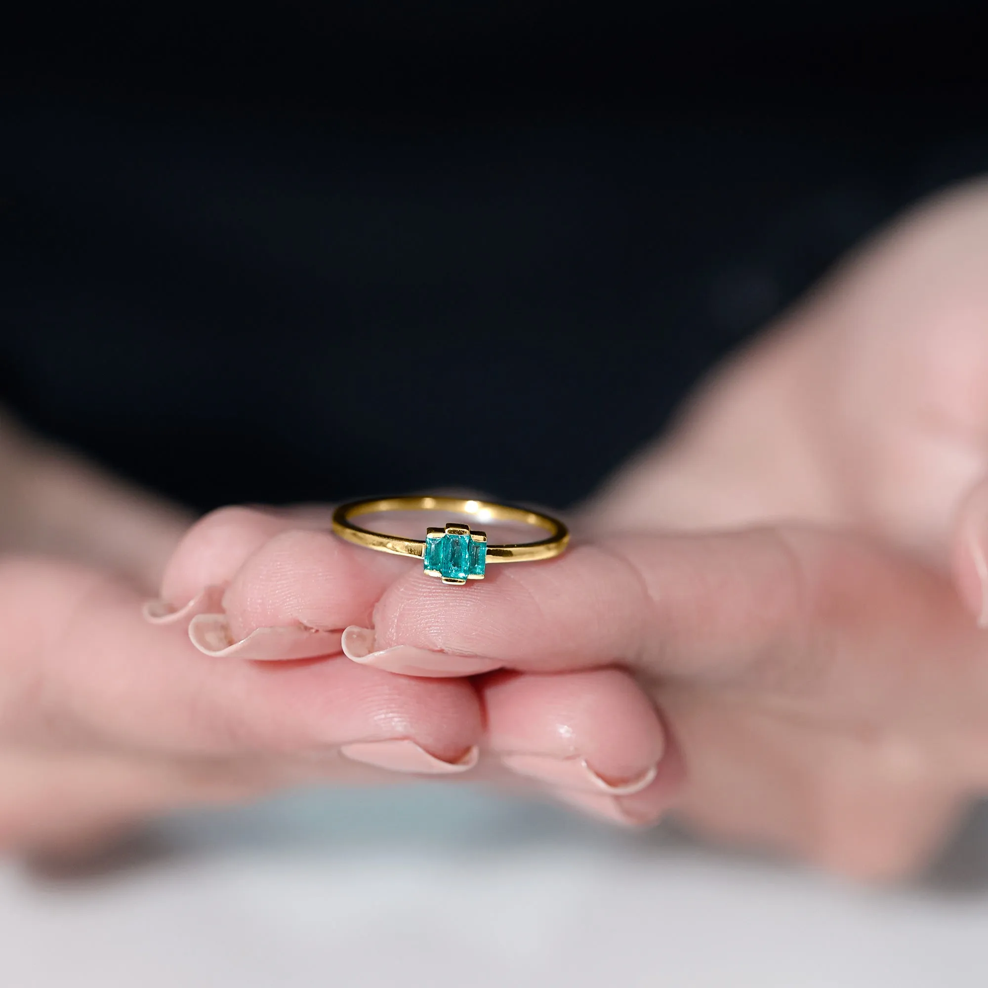 Bar Set Baguette Cut Emerald Three Stone Promise Ring in Gold