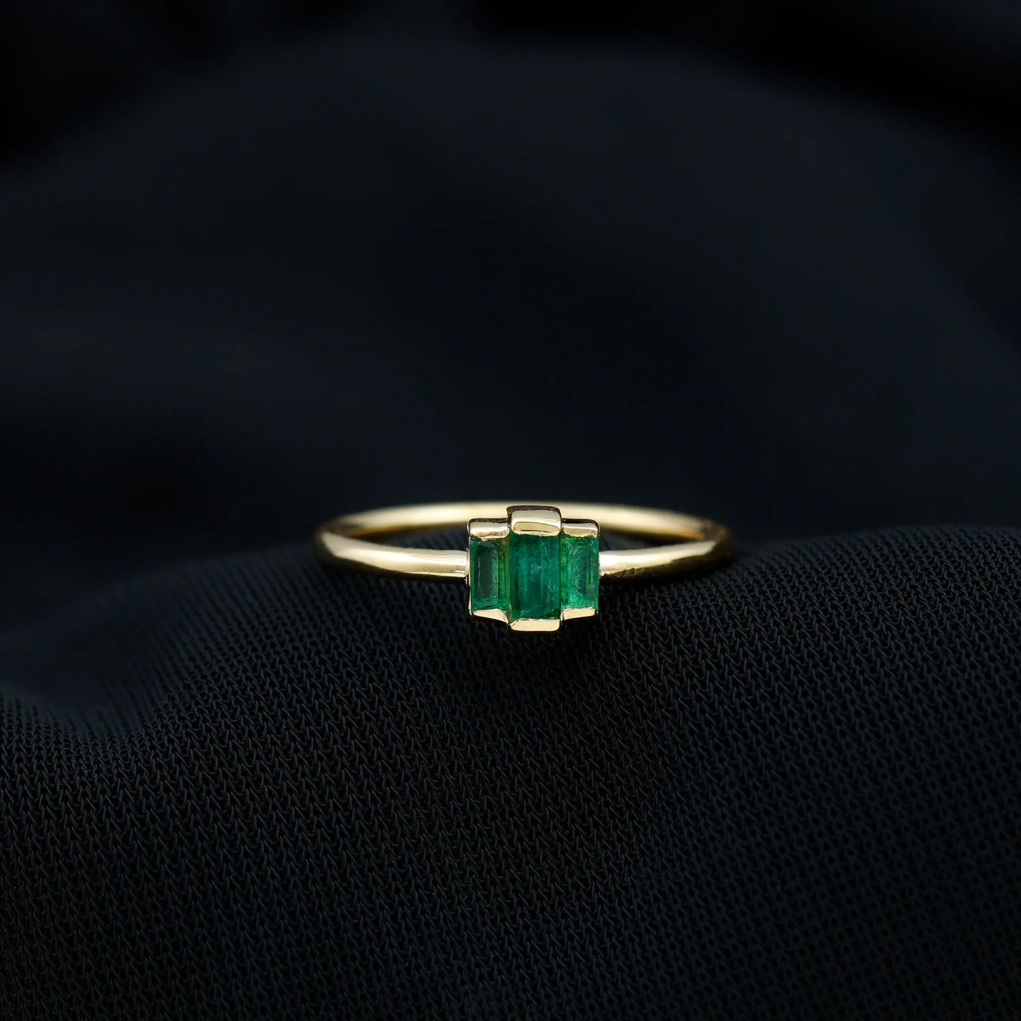 Bar Set Baguette Cut Emerald Three Stone Promise Ring in Gold