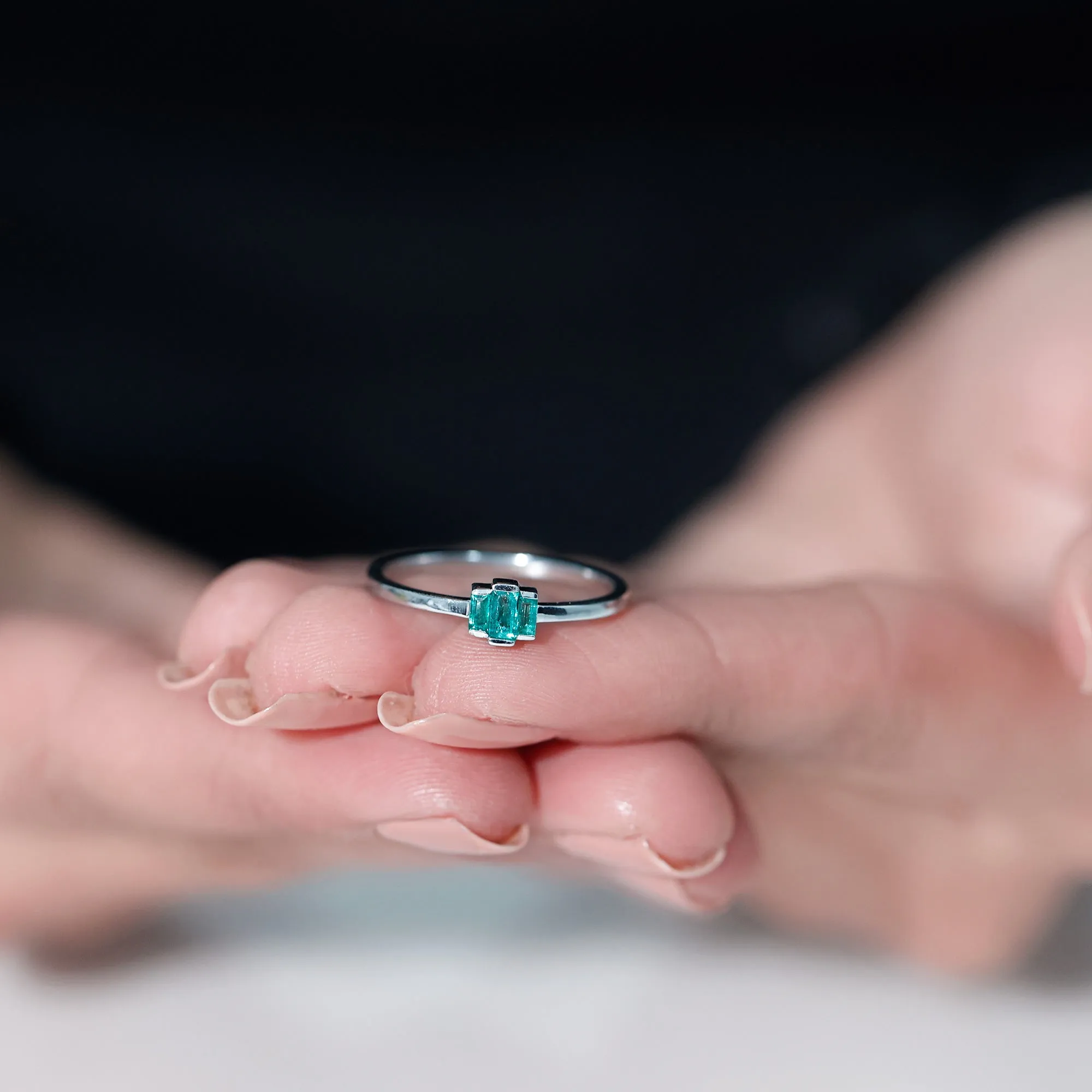 Bar Set Baguette Cut Emerald Three Stone Promise Ring in Gold
