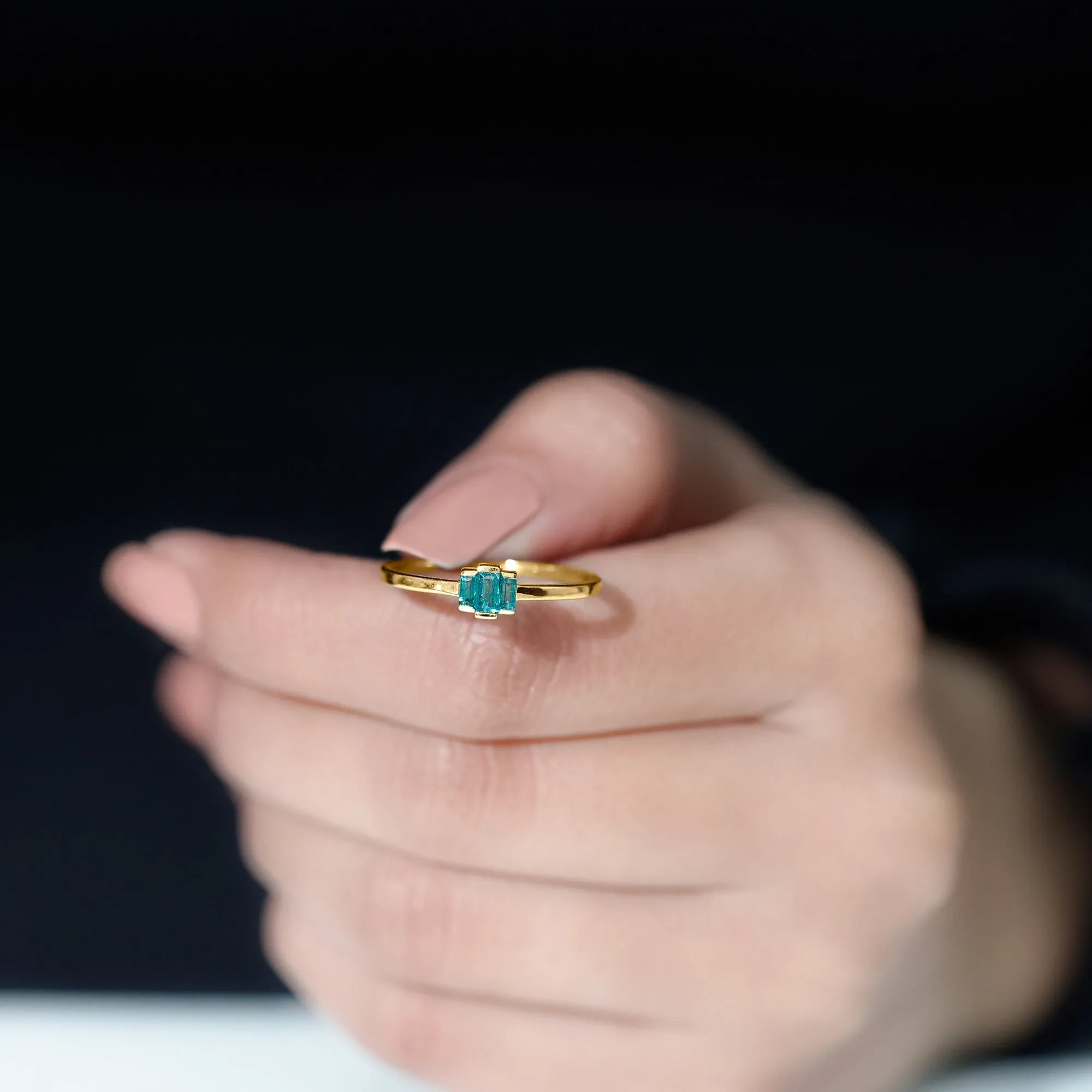 Bar Set Baguette Cut Emerald Three Stone Promise Ring in Gold