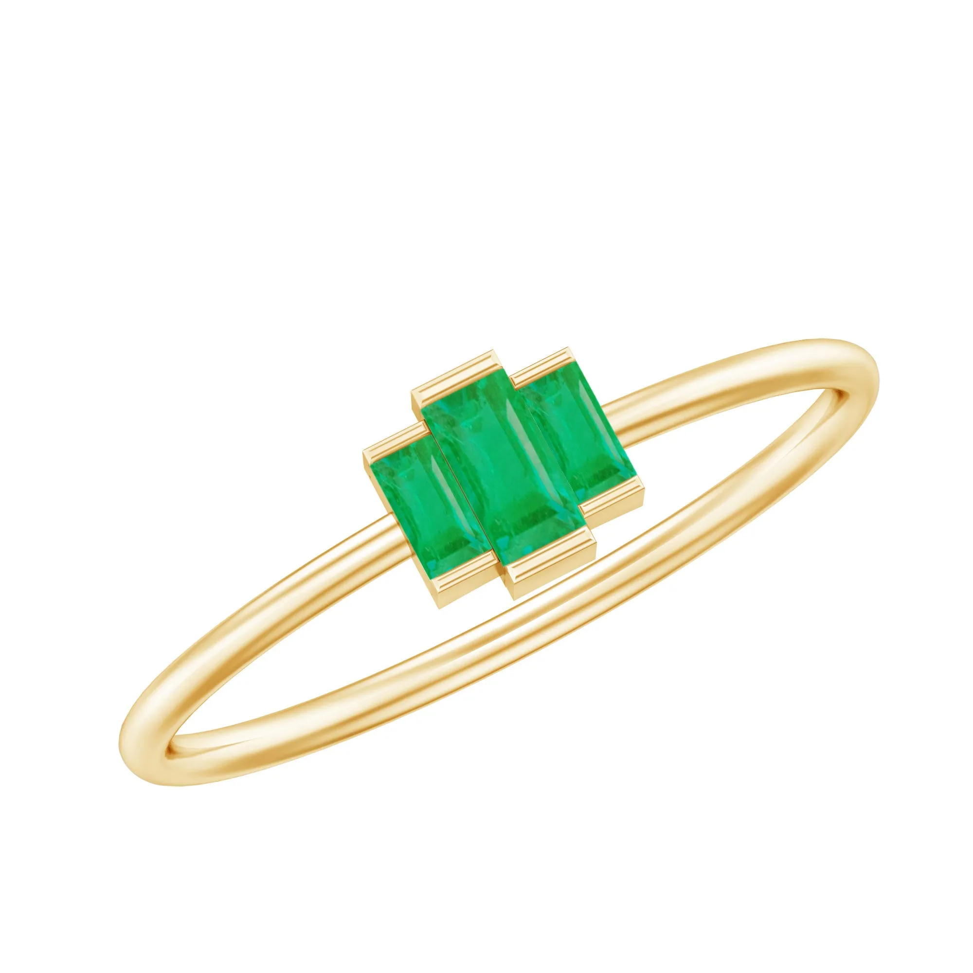 Bar Set Baguette Cut Emerald Three Stone Promise Ring in Gold