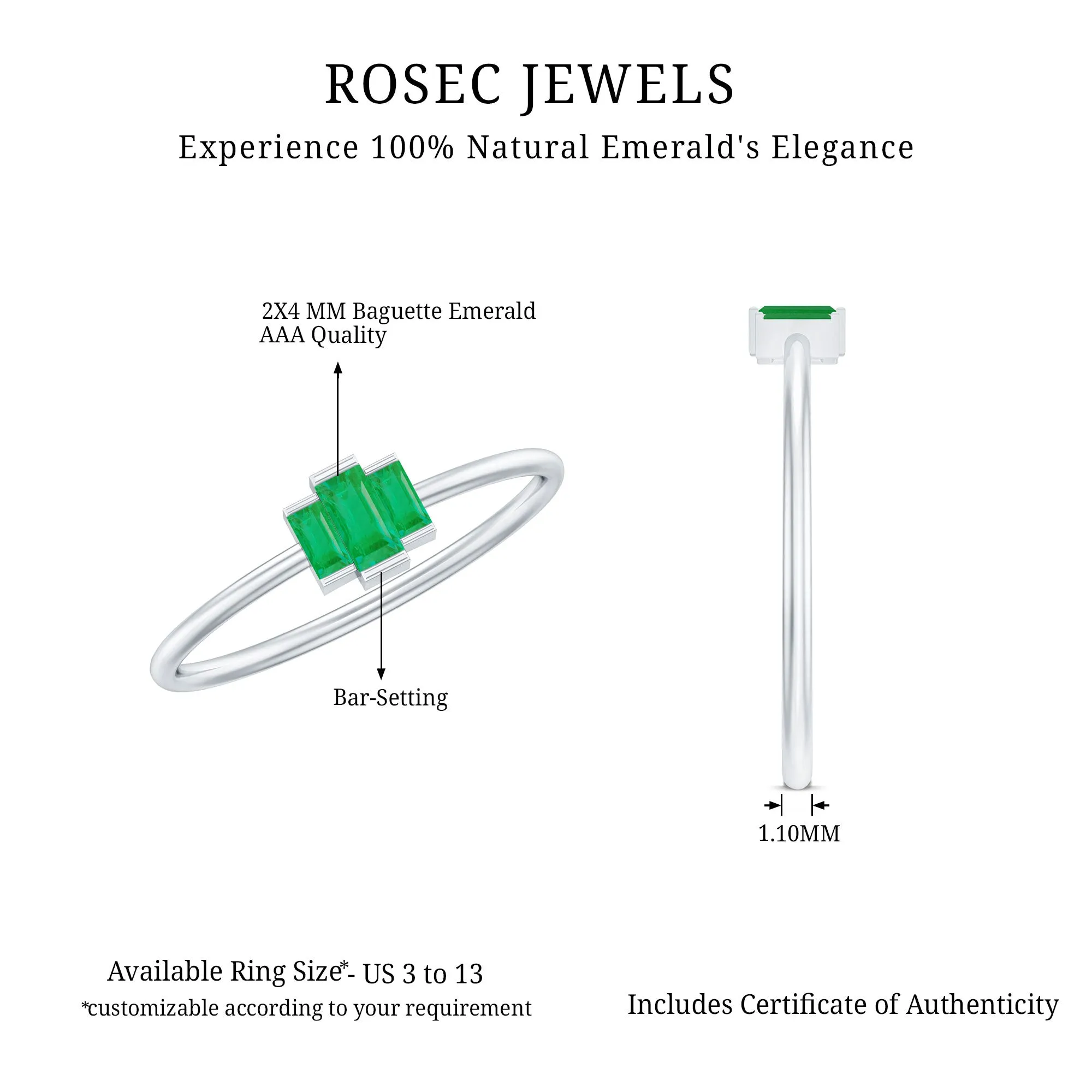 Bar Set Baguette Cut Emerald Three Stone Promise Ring in Gold