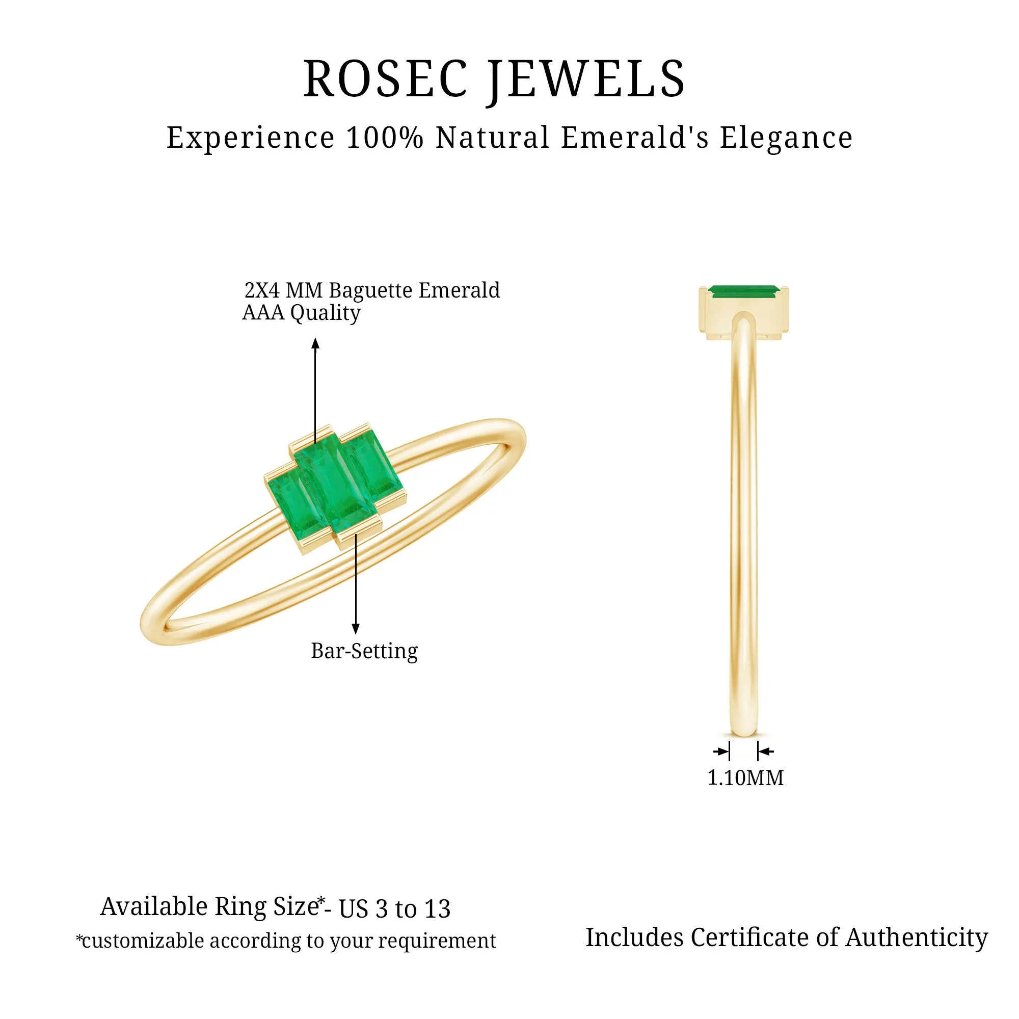 Bar Set Baguette Cut Emerald Three Stone Promise Ring in Gold